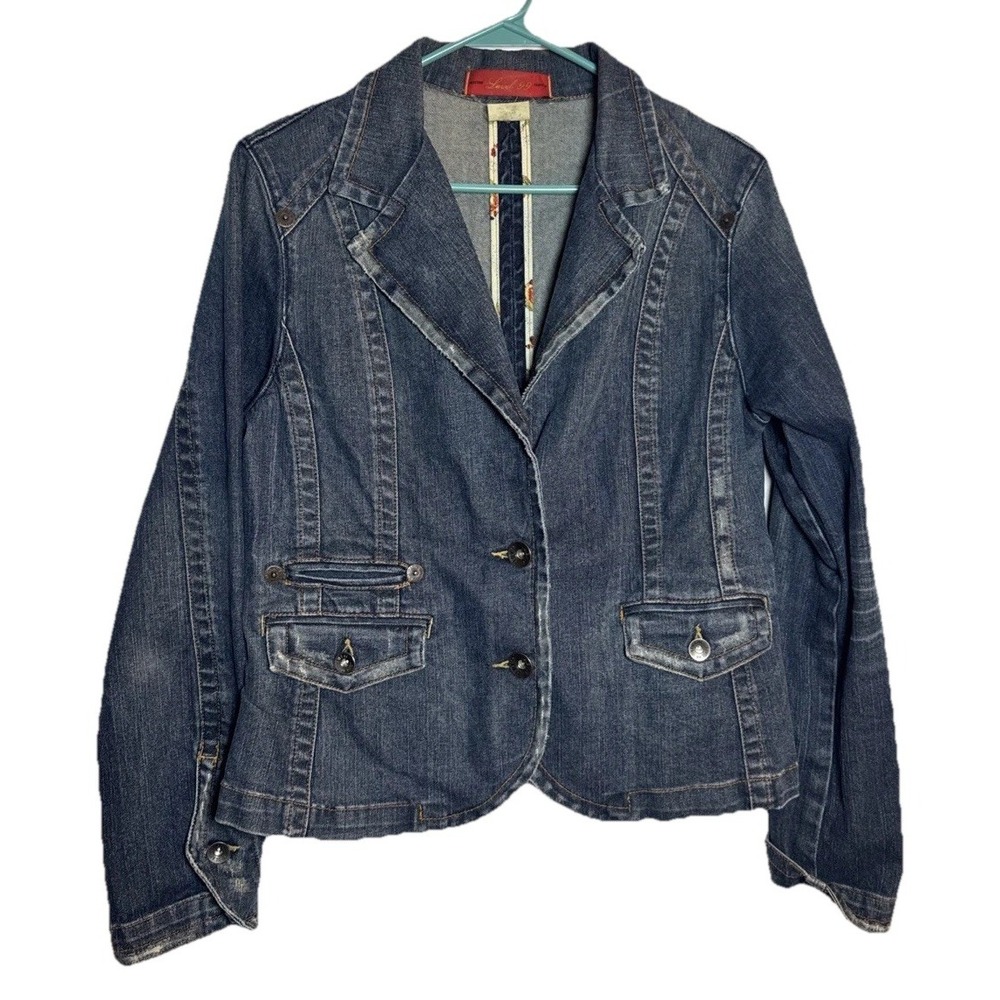 Level 99 Women's Denim Blazer Jacket L SP5237 Mid-2000s Stretch Dark Wash‎ Y2K